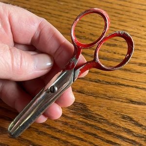Vintage children’s school scissors, red painted handled blunt end silver tone